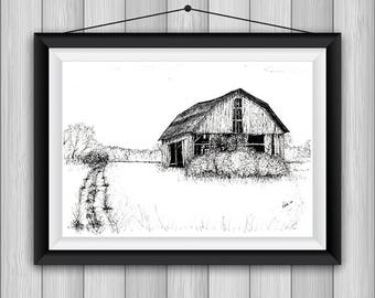 8"x10" Pen & Ink Drawing - Print on Cardstock - of an old barn in Cheboygan County, Michigan