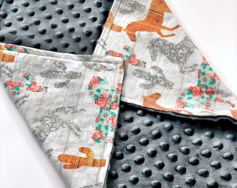 horses Baby girl baby blanket in pink and mint with boho fabrics and including arrows and feathers cactus