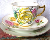 Hand Painted Yellow Rose Teacup Trio, Mismatch Includes Rosina Teacup With Consort Saucer and Limoges Tea Plate