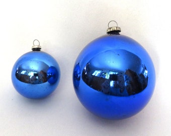 Mid Century Japan Cobalt Blue Mercury Glass Ball Christmas Ornaments Set of Two 1950s Baubles