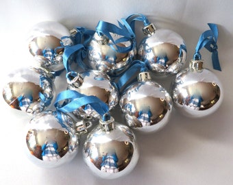 MCM Shiny Silver Unbreakable Christmas Ball Ornaments With Attached Blue Ribbon Hangers