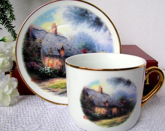 Thomas Kinkade Moonlight Cottage Tea Cup and Saucer, Heavy Porcelain Teleflora Thatched Cottage Scene Teacup Set, Christmas Coffee Cup Set