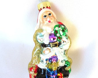 Vintage Mouth Blown Figural Glass Santa Claus Christmas Ornament Beautifully Hand Painted With Mica Accents