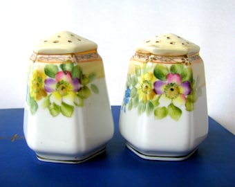 1890s Nippon Hand Painted Primrose Salt and Pepper Shakers In a Beautiful Hexagonal Shape