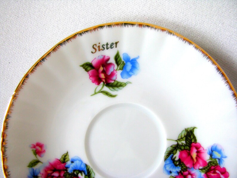 TLC Italy Sister Teacup and Saucer Sweet Peas Tea Set Fine Porcelain Italian Demitasse Cup and Saucer With Gold /'Sister/' Monogram