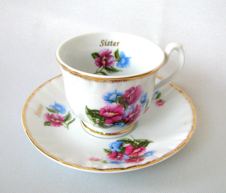 TLC Italy Sister Teacup and Saucer Sweet Peas Tea Set Fine Porcelain Italian Demitasse Cup and Saucer With Gold /'Sister/' Monogram