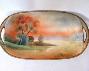 Antique Hand Painted Morimura Nippon Sunset Scene 8 1/2" Celery Dish Circa 1911