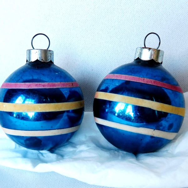 1940s Corning USA Mercury Glass Striped Ball Christmas Ornaments Set of Two