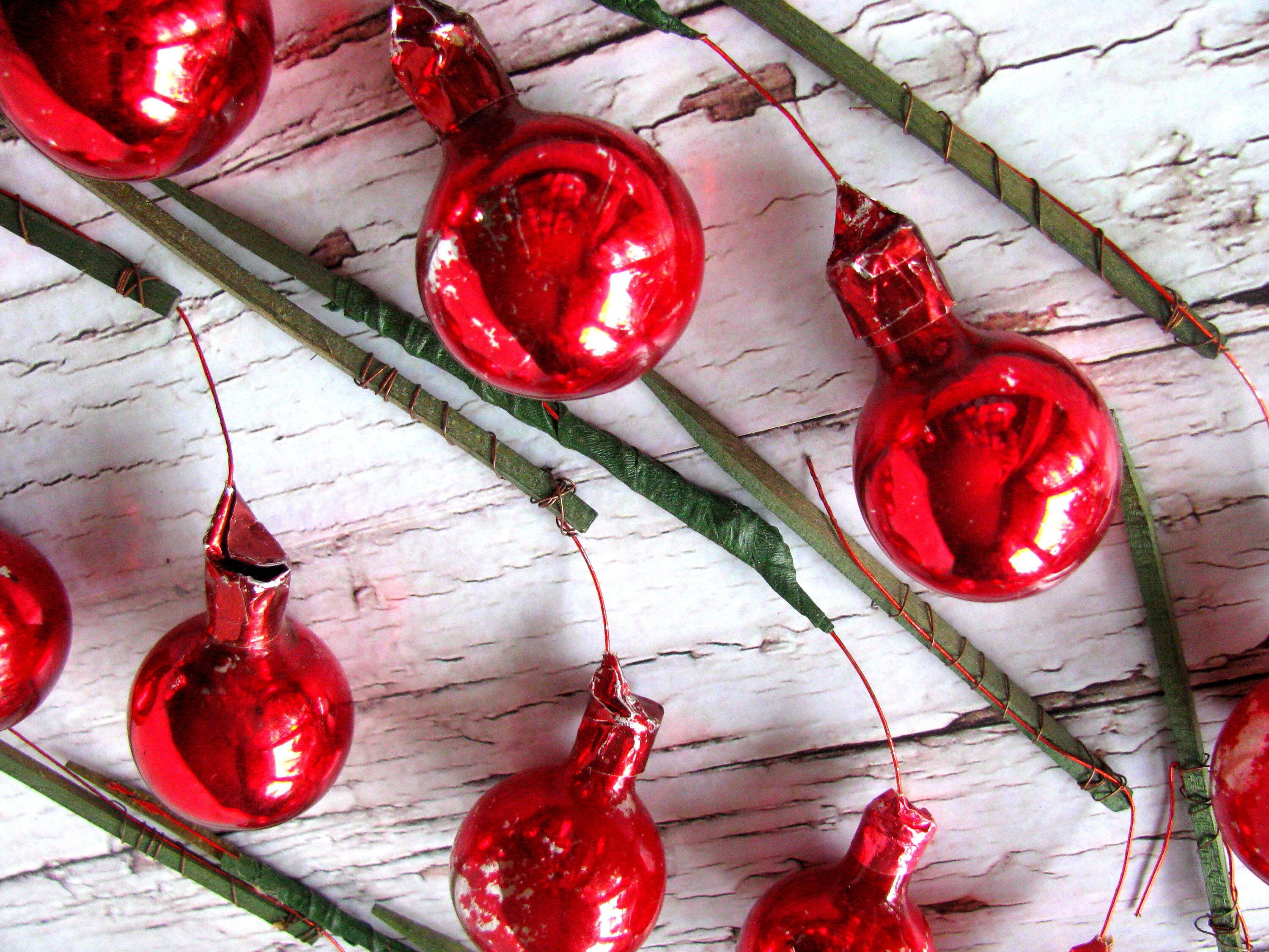 Red Mercury Glass Christmas Ball Picks Attached to Wood Etsy Canada