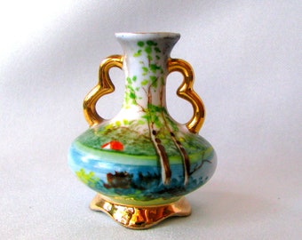 1920s Miniature Hand Painted Vase Cottage Lake Scene With Birch Trees