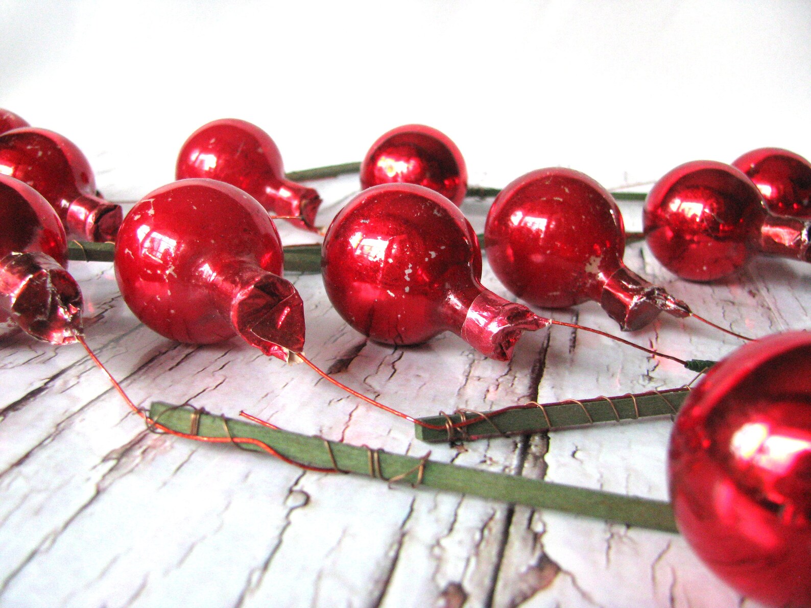 Red Mercury Glass Christmas Ball Picks Attached to Wood Etsy Canada