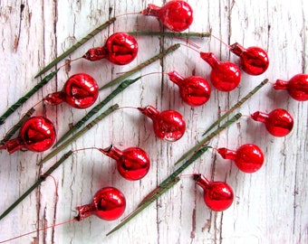 Red Mercury Glass Christmas Ball Picks Set of 14