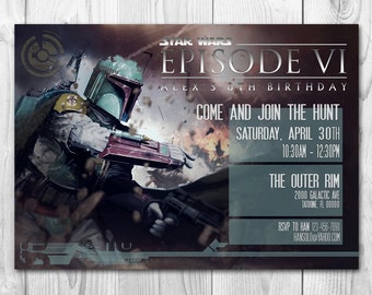 May include: A Star Wars themed birthday party invitation featuring a green and brown Boba Fett character with a blue background. The invitation text reads "Star Wars Episode VI Alex's 8th Birthday Come and Join the Hunt Saturday, April 30th 10:30am - 12:30pm The Outer Rim 2000 Galactic Ave Tatooine, FL 00000 RSVP to Han 123-456-7890 Hansolo@yahoo.com"
