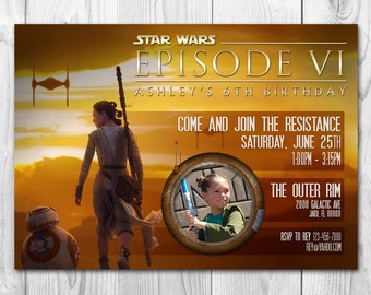 Zaproszenia ze zdjęciami Star Wars, Zaproszenia z filmu Przebudzenie Mocy, Rey, BB8, Zaproszenia ze Star Wars, BEZPŁATNE kartki z podziękowaniami