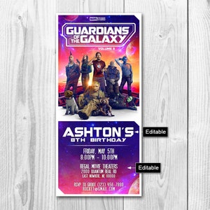 K&ouml;nnte beinhalten: Geburtstagseinladung mit dem Motiv des Films Guardians of the Galaxy Vol. 3 auf einem lila, rosa und blauen Hintergrund. Die Einladung lautet Ashton's 8th Birthday. Die Einladung enth&auml;lt Datum, Uhrzeit und Ort der Party. Sie enth&auml;lt auch die RSVP-Informationen.