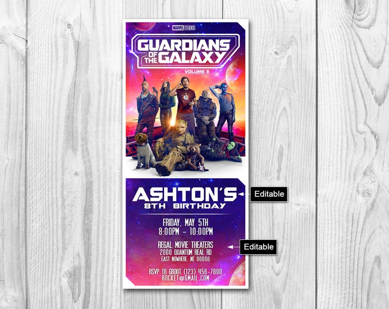 K&ouml;nnte beinhalten: Geburtstagseinladung mit dem Motiv des Films Guardians of the Galaxy Vol. 3 auf einem lila, rosa und blauen Hintergrund. Die Einladung lautet Ashton's 8th Birthday. Die Einladung enth&auml;lt Datum, Uhrzeit und Ort der Party. Sie enth&auml;lt auch die RSVP-Informationen.
