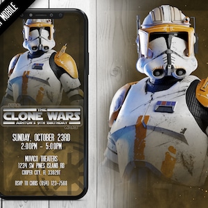 May include: A Star Wars themed birthday party invitation featuring a clone trooper from the Clone Wars animated series. The invitation is for Ashton's 9th birthday party and includes the date, time, location, and RSVP information.