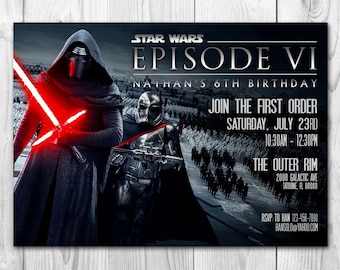 May include: A Star Wars Episode VI themed birthday party invitation featuring Darth Vader and a Stormtrooper. The invitation includes the text "Join the First Order" and details for the party, including the date, time, and location.