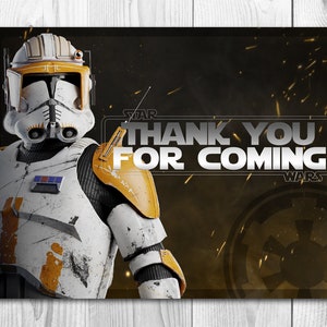 Puede incluir: Una tarjeta de agradecimiento con tem&aacute;tica de Star Wars con un clon trooper blanco y naranja con el texto "Gracias por venir" y el logotipo de Star Wars.