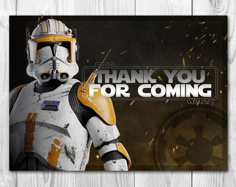Puede incluir: Una tarjeta de agradecimiento con tem&aacute;tica de Star Wars con un clon trooper blanco y naranja con el texto "Gracias por venir" y el logotipo de Star Wars.