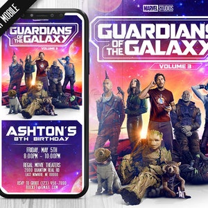 K&ouml;nnte beinhalten: Ein Filmposter von Guardians of the Galaxy Volume 3 mit einem lila, rosa und blauen Hintergrund. Das Poster zeigt die Guardians of the Galaxy-Charaktere, darunter Star-Lord, Gamora, Drax, Rocket, Groot und Nebula. Das Poster enth&auml;lt auch den Text "Guardians of the Galaxy Volume 3" und "Marvel Studios".
