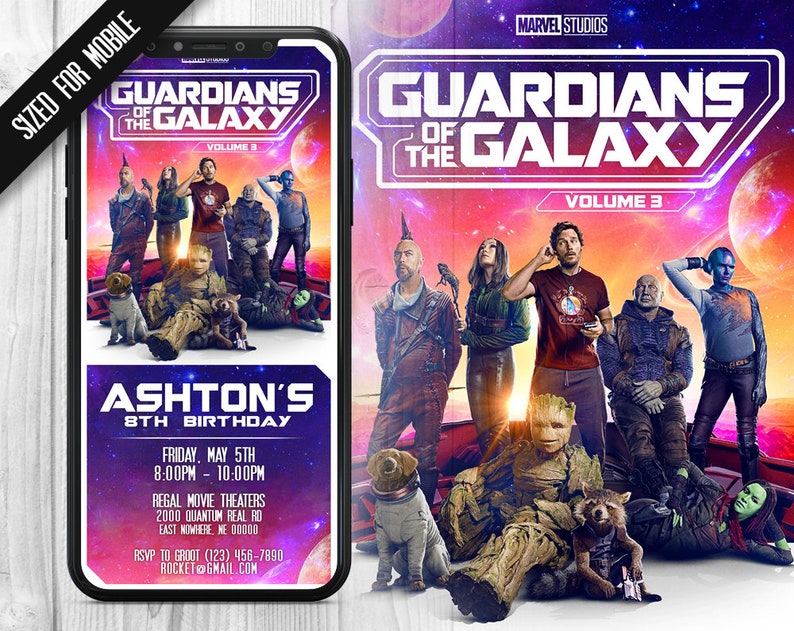 K&ouml;nnte beinhalten: Ein Filmposter von Guardians of the Galaxy Volume 3 mit einem lila, rosa und blauen Hintergrund. Das Poster zeigt die Guardians of the Galaxy-Charaktere, darunter Star-Lord, Gamora, Drax, Rocket, Groot und Nebula. Das Poster enth&auml;lt auch den Text "Guardians of the Galaxy Volume 3" und "Marvel Studios".