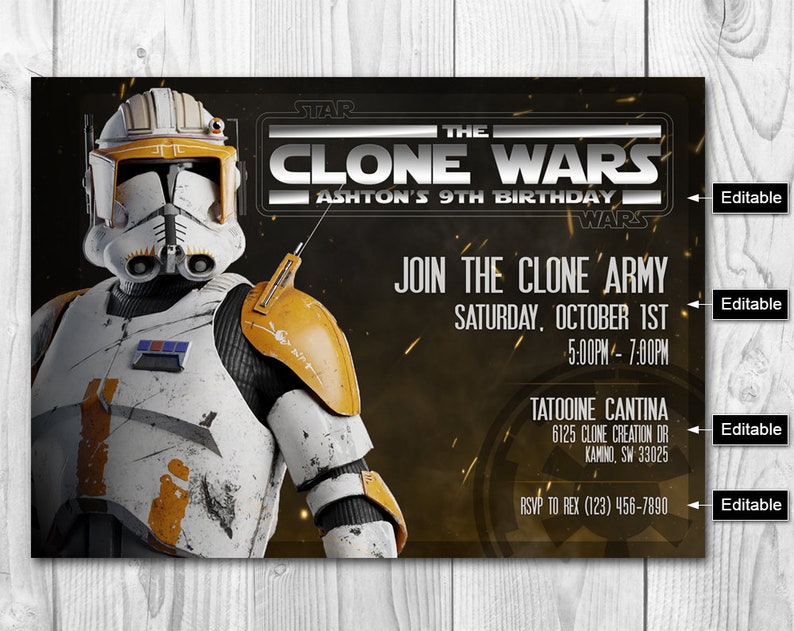 Puede incluir: Una invitaci&oacute;n de cumplea&ntilde;os con tem&aacute;tica de Star Wars con un soldado clon de la serie animada Clone Wars. La invitaci&oacute;n es para el 9&ordm; cumplea&ntilde;os de Ashton e incluye el texto "&Uacute;nete al ej&eacute;rcito clon" y detalles sobre la fiesta, incluida la fecha, la hora y el lugar.