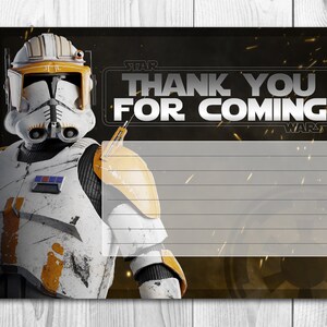 Puede incluir: Una tarjeta de agradecimiento de Star Wars con un clon trooper blanco y naranja con el texto "Gracias por venir" y "Star Wars".