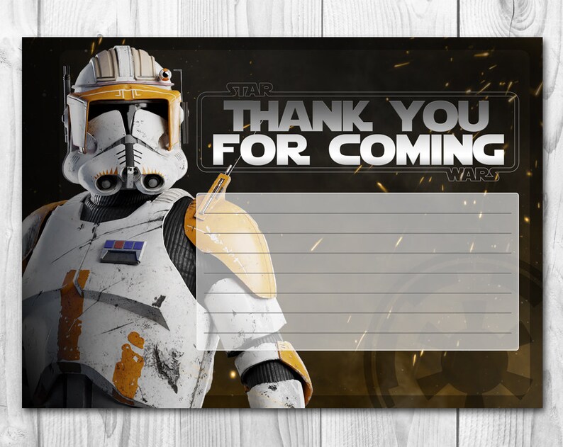 Puede incluir: Una tarjeta de agradecimiento de Star Wars con un clon trooper blanco y naranja con el texto "Gracias por venir" y "Star Wars".