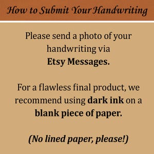 May include: A tan-colored graphic with the text "How to Submit Your Handwriting." Instructions advise sending a handwriting photo via Etsy Messages, using dark ink on blank paper. The text also says "No lined paper, please!"
