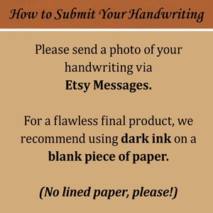 May include: A tan graphic with the text "How to Submit Your Handwriting." Instructions include sending a photo of handwriting via Etsy Messages, using dark ink on blank paper. The text also says "No lined paper, please!"