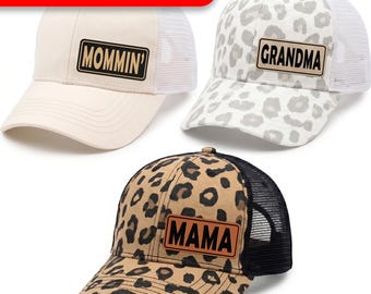 Personalized Mother's Day Gift For Her-Custom Mom Hat-Womens Hats Trendy-Trucker Hat-Custom Hat Patch-Leopard Hat-Gift For Mama-Ponytail Hat