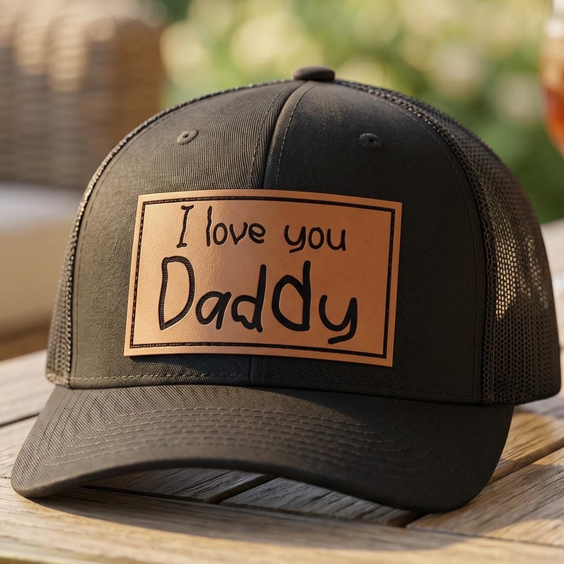 May include: A black trucker hat with a mesh back and a curved brim. The front features a rectangular patch with the words "I love you Daddy" in black lettering on a tan background. The hat is likely made of cotton and polyester.