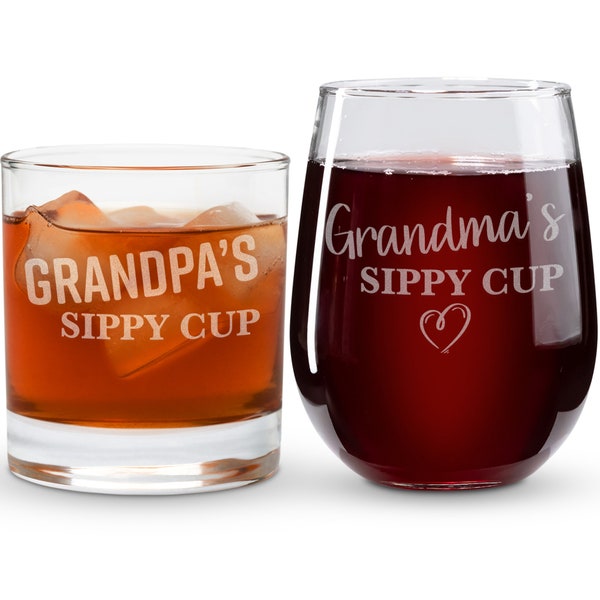 Grandma's And Grandpa's Sippy Cup Wine And Rocks Glass Set-Grandparent Pregnancy Announcement-Soon To Be Grandparents Gift-New Grandparents