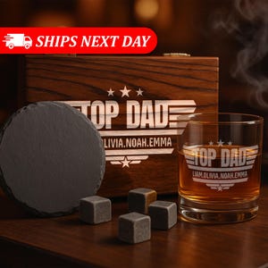 Personalized Whiskey Gifts for Dad – 11 oz Custom Engraved Glass with Slate Coaster, Chilling Stones & Wooden Box – 4 Custom Designs for Dad