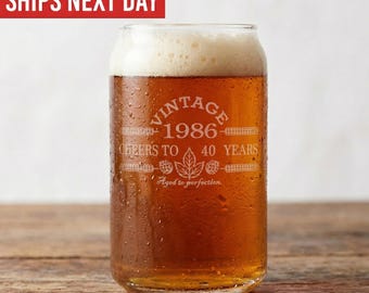 Engraved 16 oz. Birthday Beer Can Glass-40th Birthday Gift For Men and Women-1986-Vintage 1986-Cheers To 40 Years-Aged to Perfection