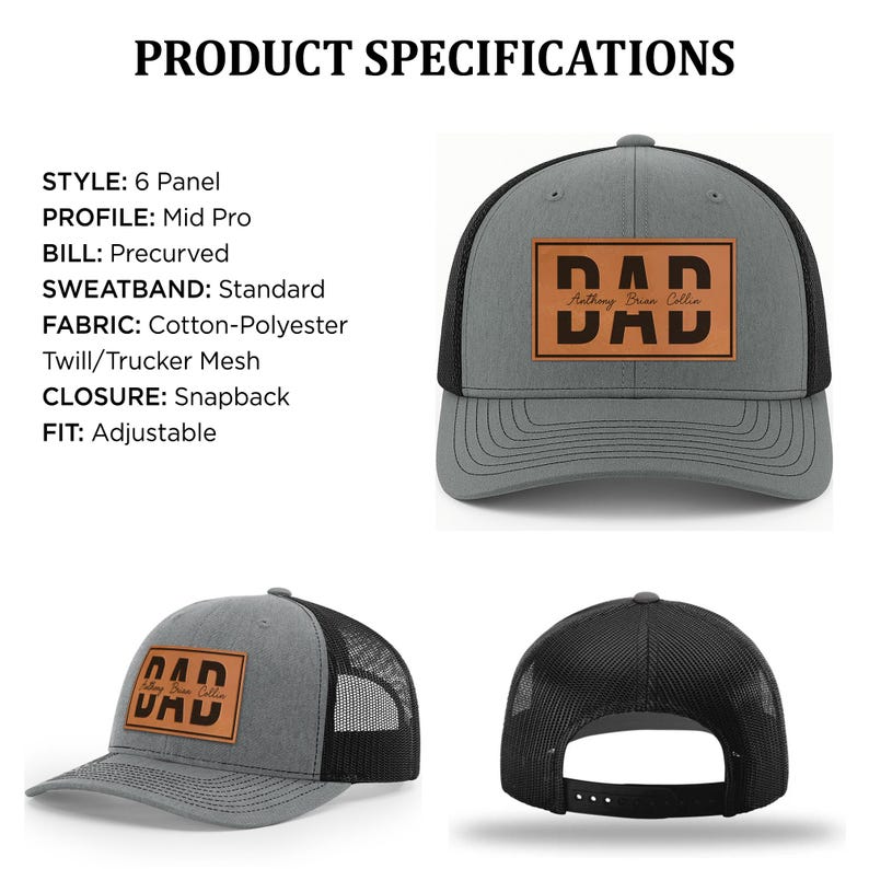 K&ouml;nnte beinhalten: Grau-schwarze Trucker-Cap mit dem Wort "DAD" auf einem braunen Patch. Darunter steht "Anthony Brian Collin". Die Cap hat einen vorgekr&uuml;mmten Schirm und einen verstellbaren Snapback-Verschluss.