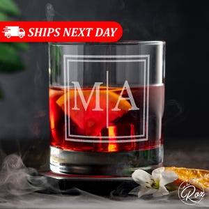 Personalized Whiskey Glass - Gift for Men - 11 oz Engraved Name and Monogram Scotch Glass - Customized Cocktail, Rocks, Brandy Glass