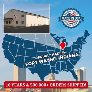 May include: An image featuring a building with an American flag, a "Made in USA" seal, and a map of the United States highlighting Indiana. Text reads "Proudly Made in Fort Wayne, Indiana."