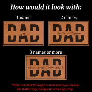 K&ouml;nnte beinhalten: Eine Grafik mit drei Beispielen eines "DAD" -Schildes mit Namen. Das erste Schild hat einen Namen, "Zoe". Das zweite Schild hat zwei Namen, "Amelia & Benjamin". Das dritte Schild hat vier Namen, "Olivia Evelyn Noah Elijah". Der Text "How would it look with:" steht oben.