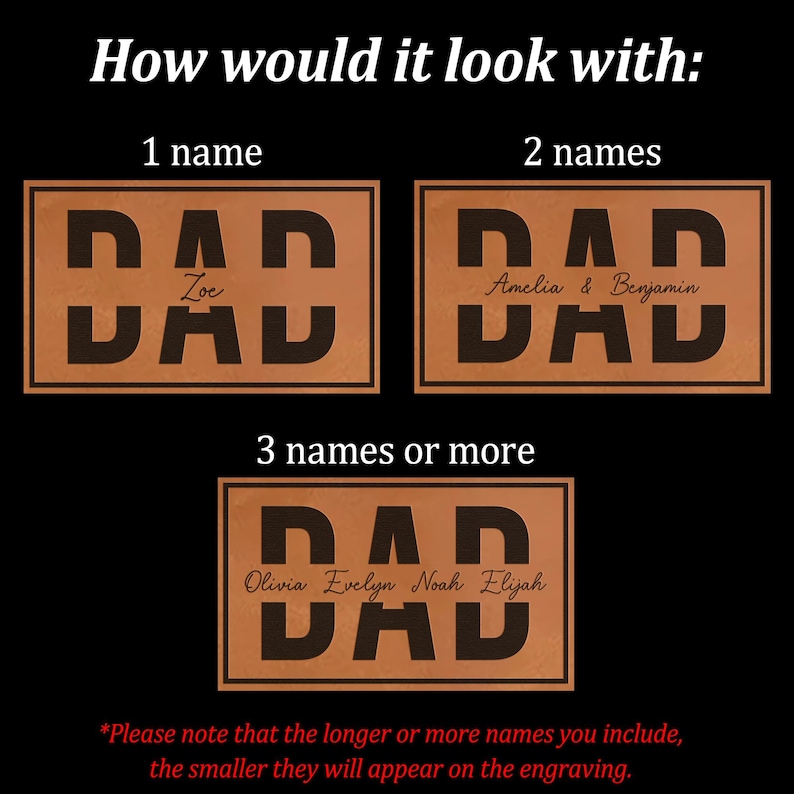K&ouml;nnte beinhalten: Eine Grafik mit drei Beispielen eines "DAD" -Schildes mit Namen. Das erste Schild hat einen Namen, "Zoe". Das zweite Schild hat zwei Namen, "Amelia & Benjamin". Das dritte Schild hat vier Namen, "Olivia Evelyn Noah Elijah". Der Text "How would it look with:" steht oben.