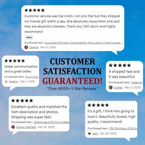 May include: Image showcasing customer satisfaction with five-star reviews. Text reads "Customer Satisfaction Guaranteed!" with over 6000+ reviews. Includes customer testimonials praising service, quality, and fast shipping. Reviews mention gifts and product descriptions.