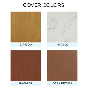 May include: Four fabric swatches showing different colors and textures: bamboo, marble, rawhide, and dark brown.