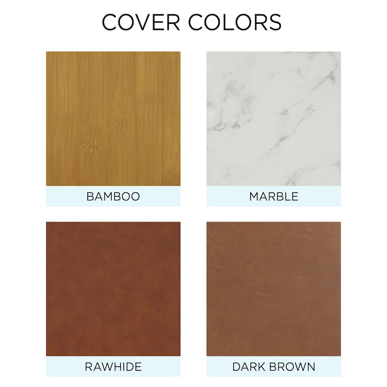 May include: Four fabric swatches showing different colors and textures: bamboo, marble, rawhide, and dark brown.