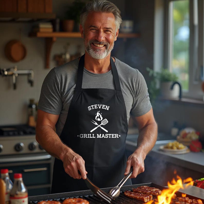 May include: A black apron with white text that says "Steven Grill Master." The apron has a crossed spatula and fork design with a flame above it. A person is wearing the apron and grilling food.