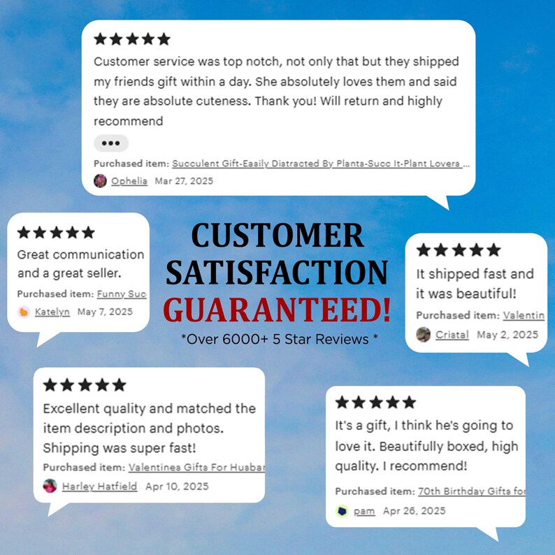 Puede incluir: Imagen que muestra la satisfacci&oacute;n del cliente con rese&ntilde;as de cinco estrellas. El texto dice "&iexcl;Satisfacci&oacute;n del cliente garantizada!" con m&aacute;s de 6000+ rese&ntilde;as. Incluye testimonios de clientes que elogian el servicio, la calidad y el env&iacute;o r&aacute;pido. Las rese&ntilde;as mencionan "Succulent Gift", "Funny Suc" y "70th Birthday Gifts".