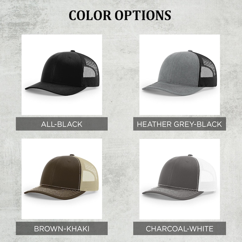 K&ouml;nnte beinhalten: Eine Auswahl an Trucker-Caps in verschiedenen Farbkombinationen. Die Caps umfassen die Optionen All-Black, Heather Grey-Black, Brown-Khaki und Charcoal-White. Jede Cap hat einen Mesh-R&uuml;cken und einen gebogenen Schirm. Der Text "COLOR OPTIONS" steht oben.