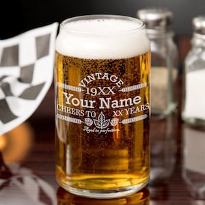 Engraved Customized Beer Can Glass-Vintage-Cheers-Aged to Perfection-Personalized Birthday Gift for Men and Women