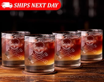 Skull Whiskey Glasses Set of 4–Engraved Skull & Crossbones Whiskey Glass–Halloween Gift for Him–Gothic Barware–Whiskey Lover Gift