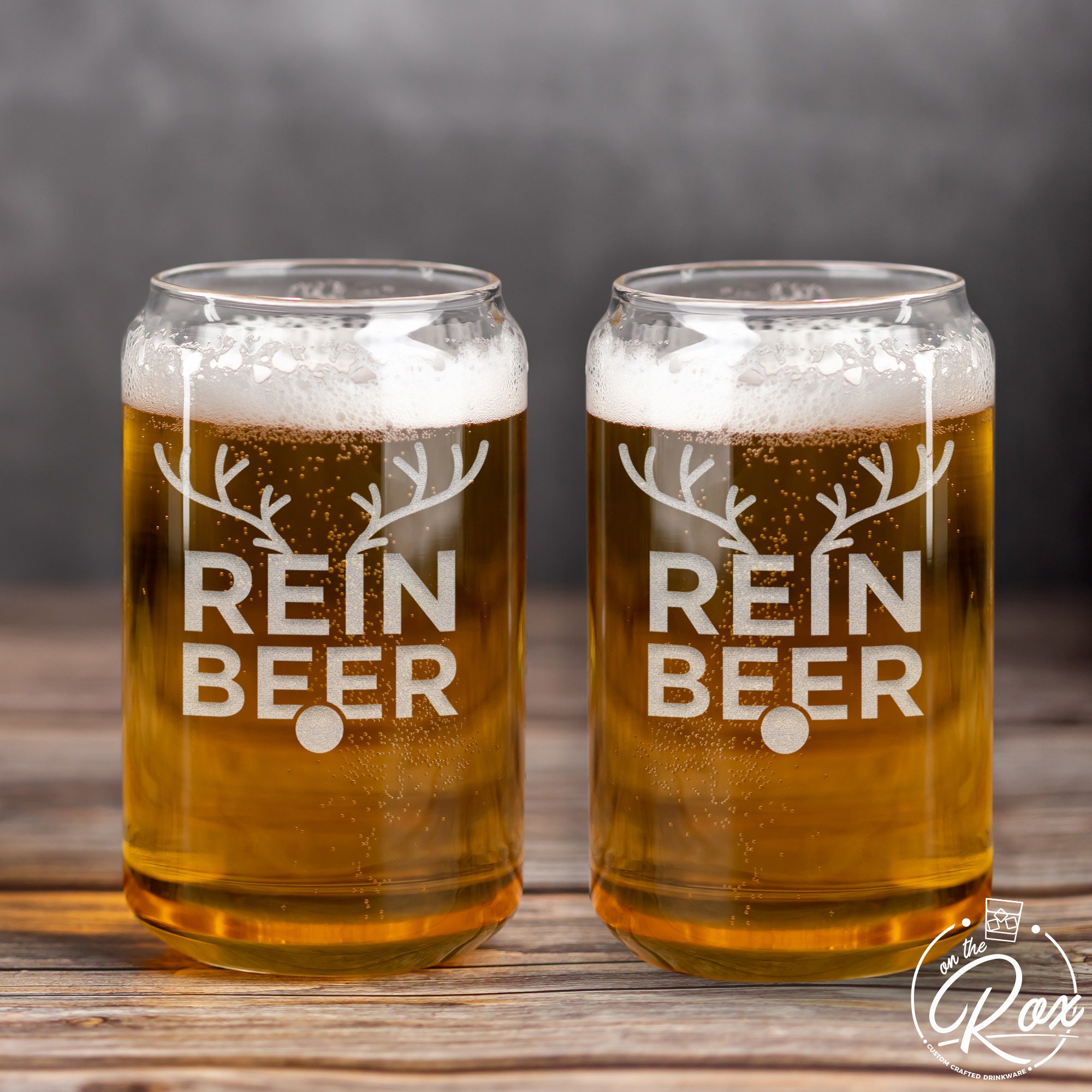 on The Rox Drinks Funny Christmas Beer Glasses - Reinbeer Holiday Beer Can Glass Set of 2 - Reindeer Holiday Gifts for Her - Christmas Drinking